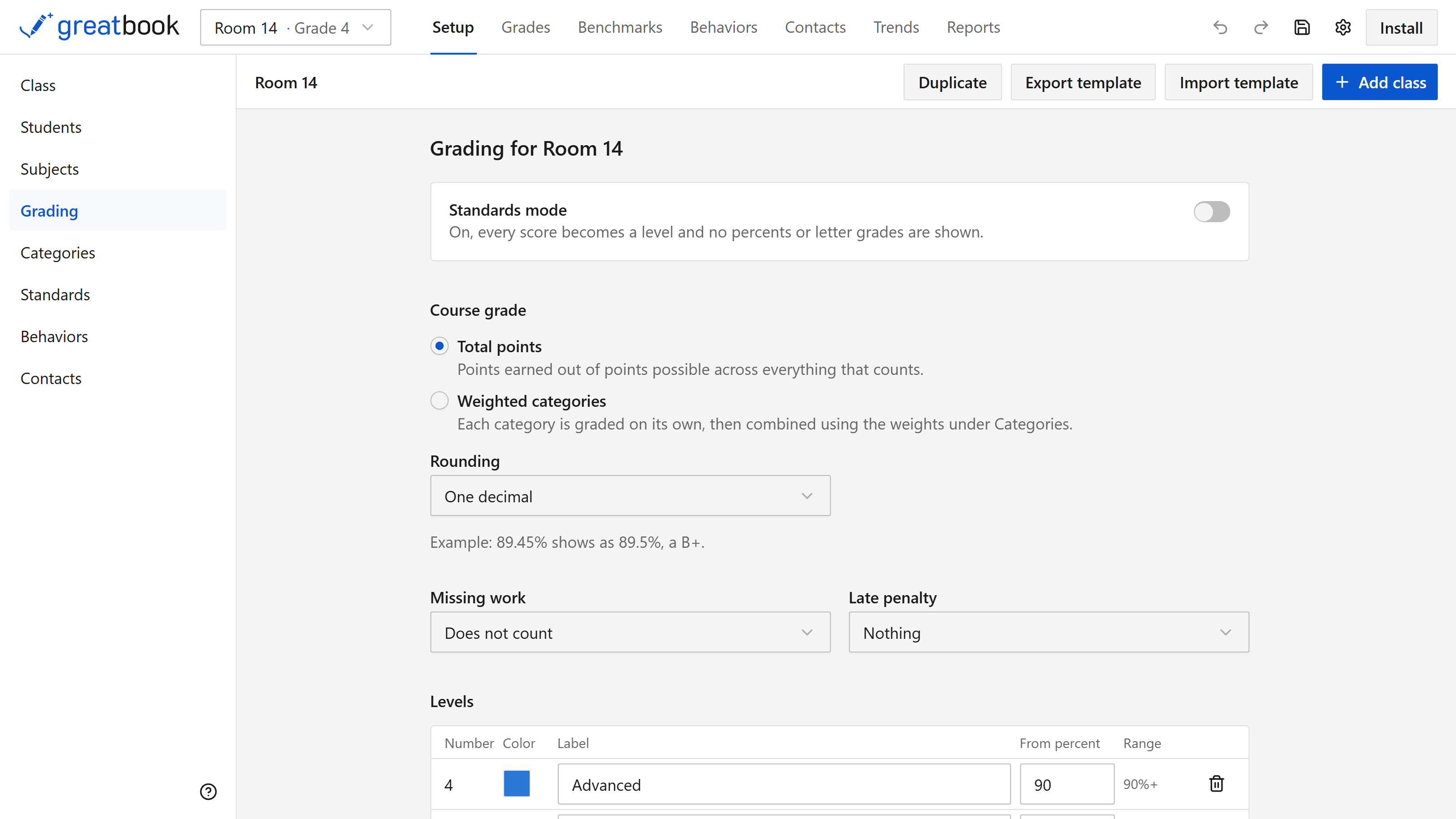 The Grading panel, showing a choice between total points and weighted categories, what missing work counts as, a late penalty with a worked example, rounding, and editable scales for levels and for letter grades.