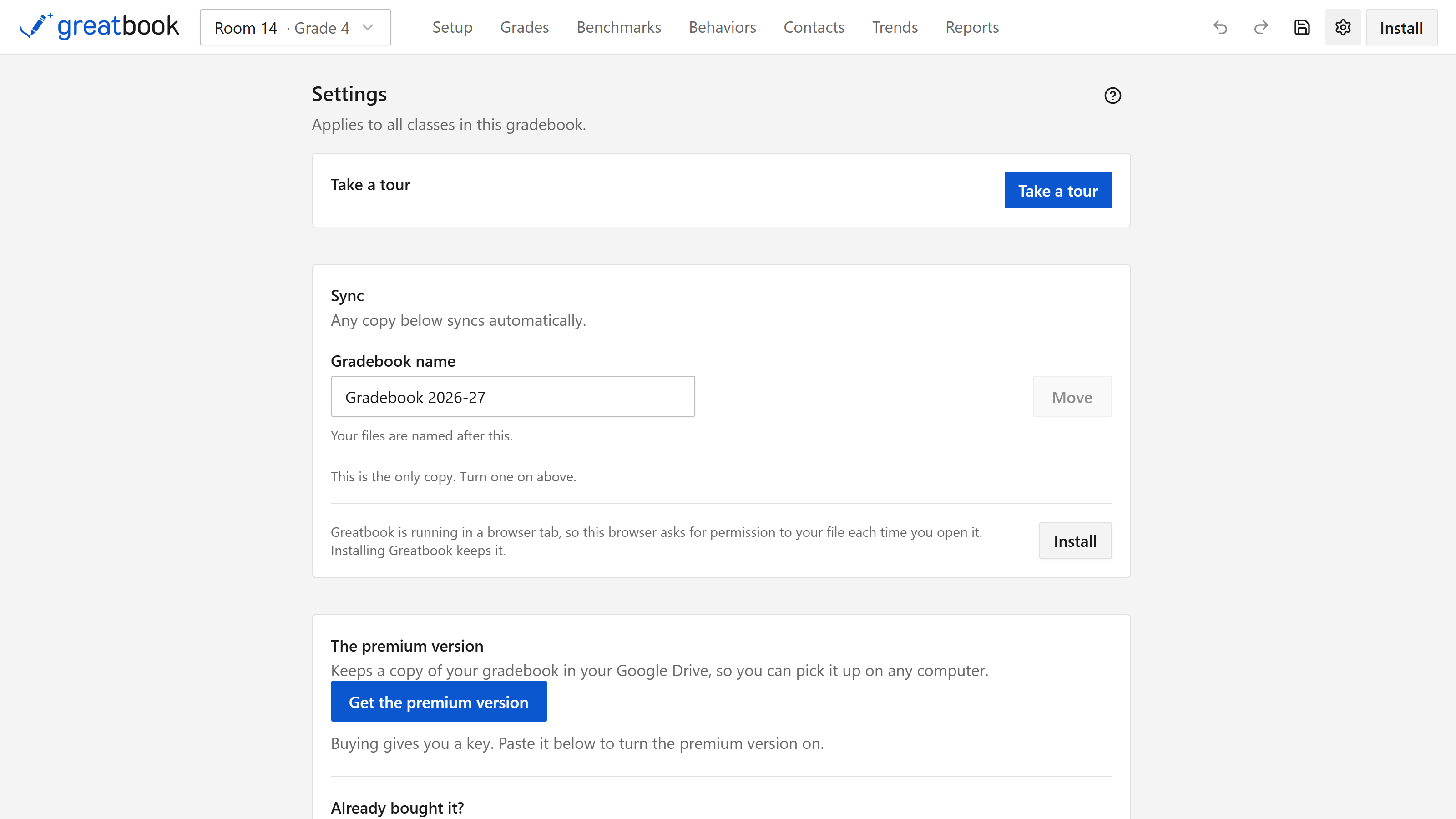 Settings in Greatbook, showing the Sync section listing where copies of the gradebook are kept, and below it a panel headed The premium version with a button reading Get the premium version and a field for pasting a key.