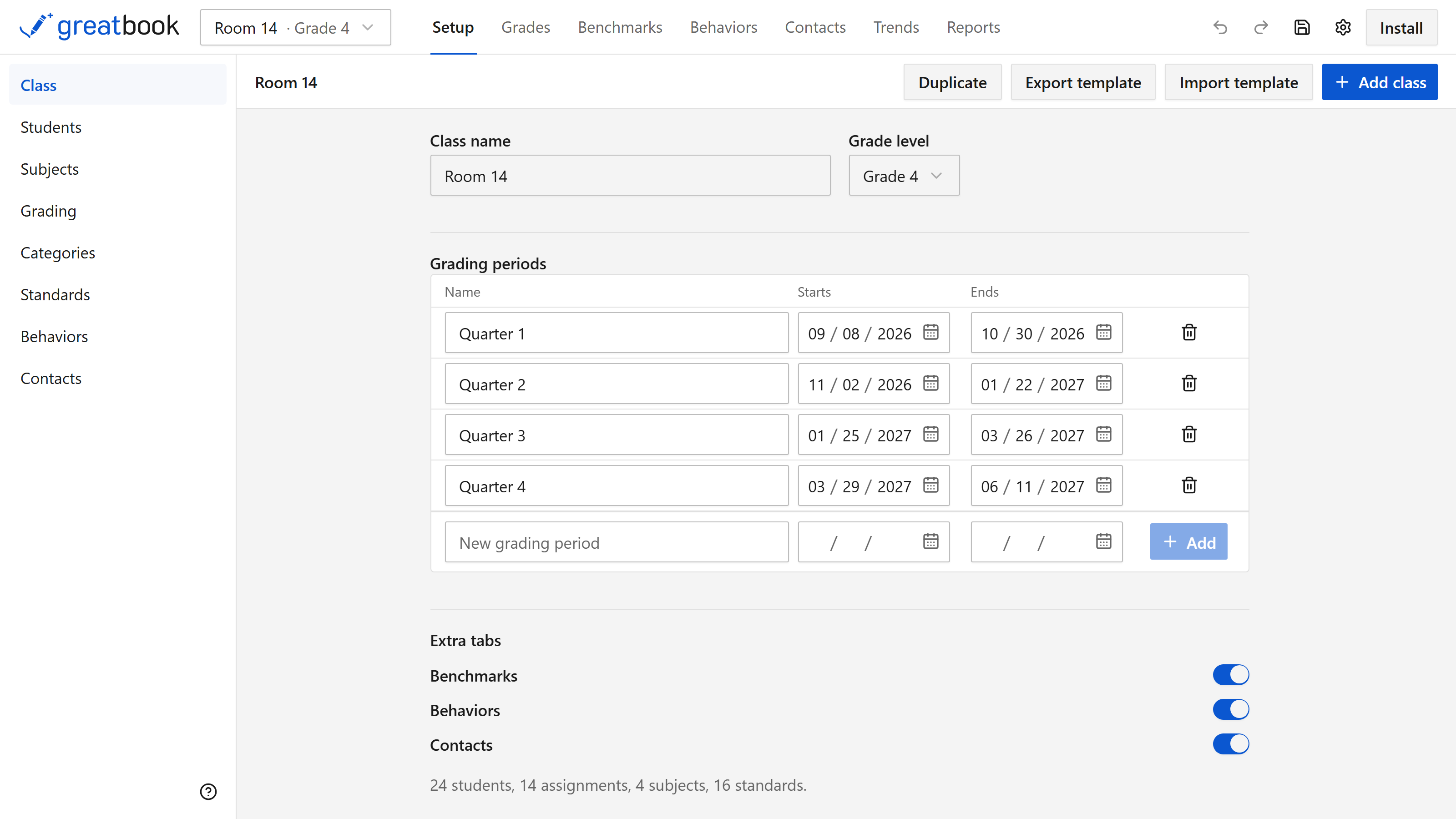 The Setup tab, with a rail down the left listing Class, Students, Subjects, Grading, Categories, Standards, Behaviors and Contacts, and the Class panel open beside it showing grading periods with start and end dates.