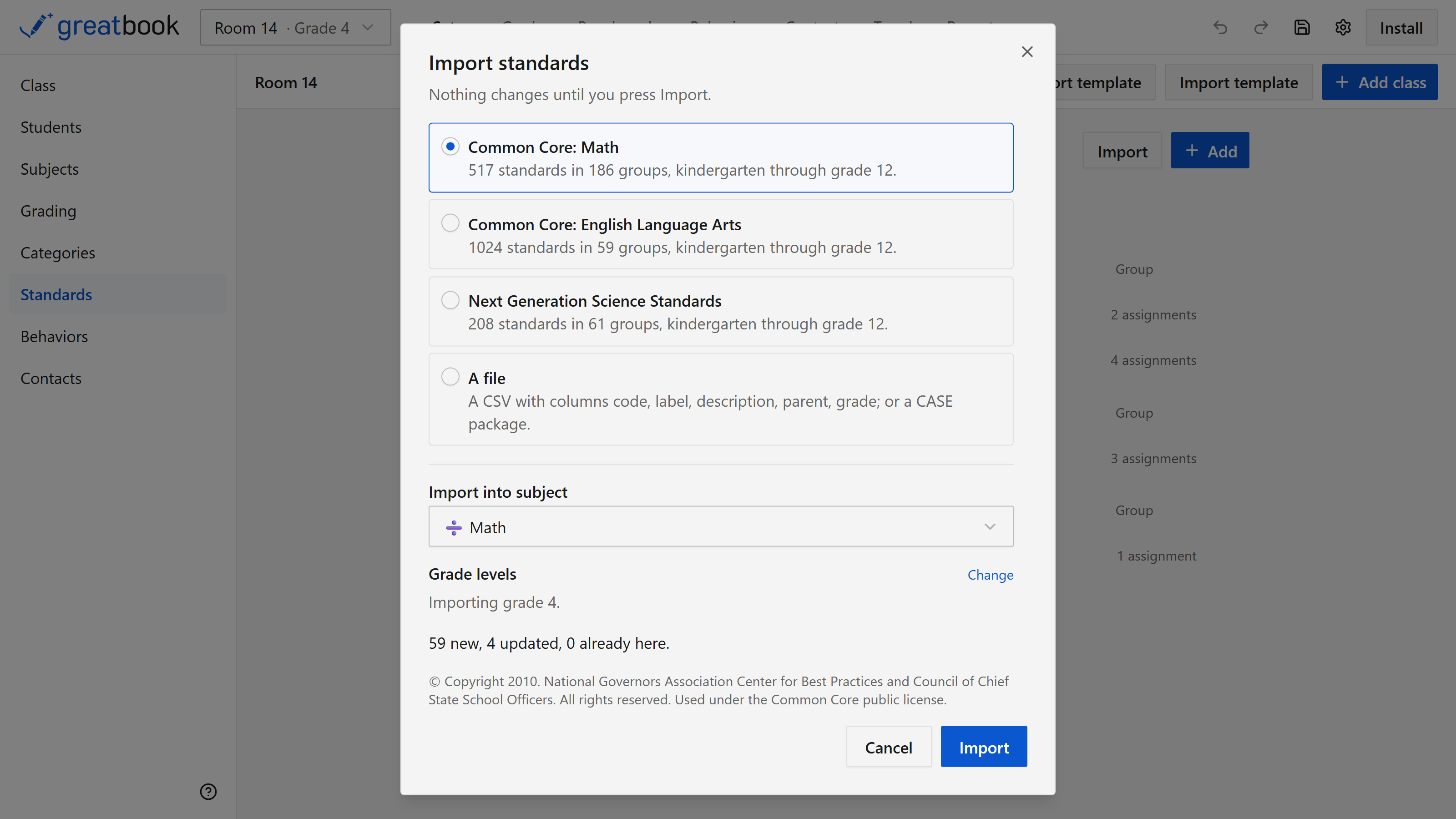 The Import standards dialog, offering Common Core Math with 517 standards in 186 groups, Common Core English Language Arts, the Next Generation Science Standards, or a file; a subject to import into; a grade filter reading Importing grade 4; and a summary reading 59 new, 4 updated, 0 already here.